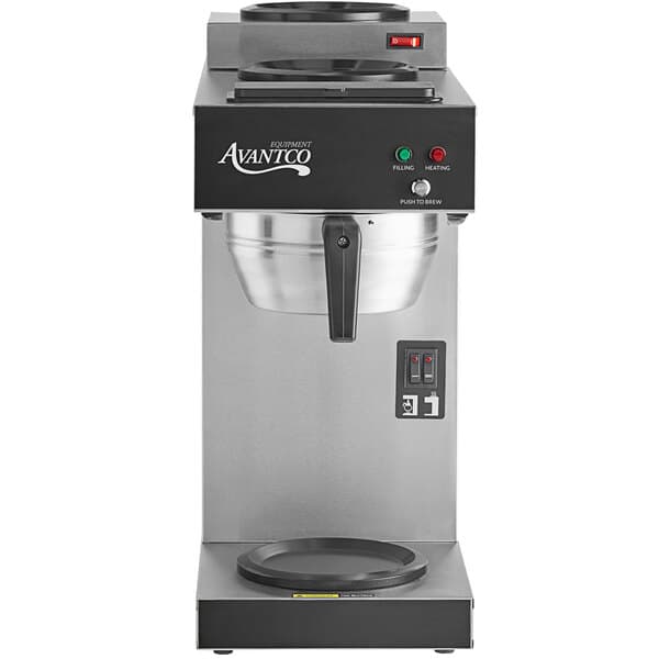 An Avantco automatic coffee maker with a silver base and black lid.