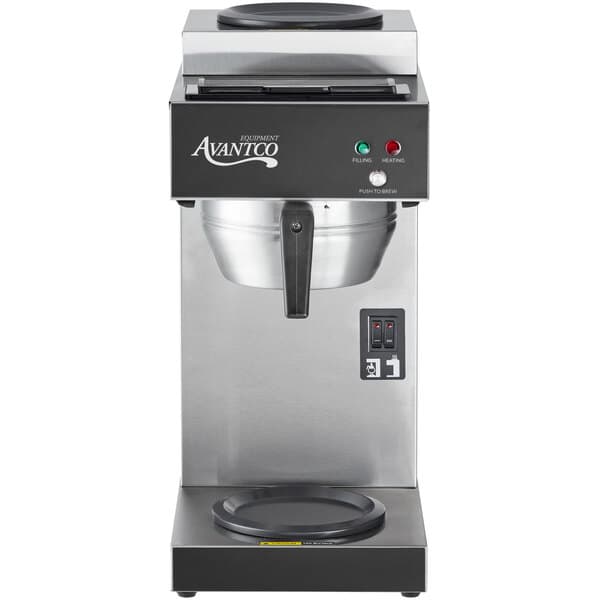 An Avantco silver and black automatic coffee maker with a stainless steel base.