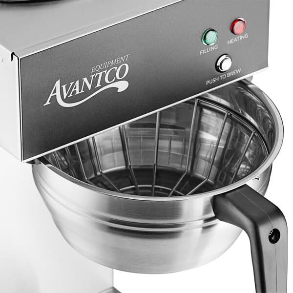 An Avantco commercial automatic coffee maker on a counter with a pot warming below.
