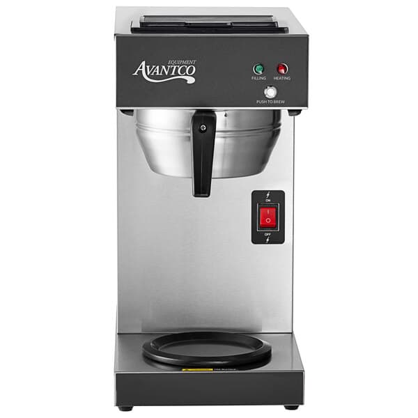 An Avantco silver and black automatic coffee maker with a bowl on the side.