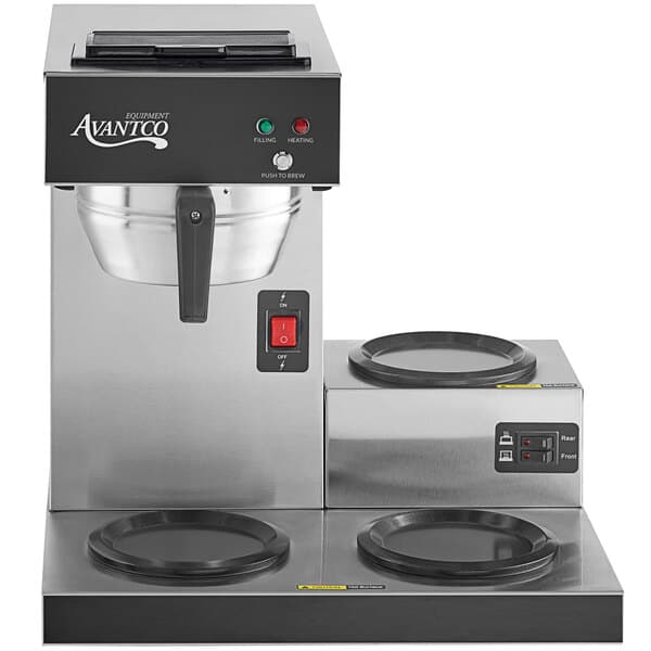 A silver and black Avantco automatic coffee maker on a counter.