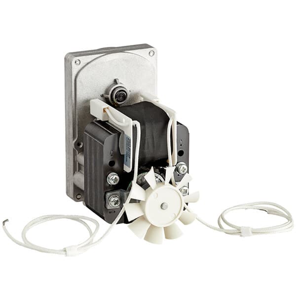 A close-up of a small metal Avantco driving motor with wires.