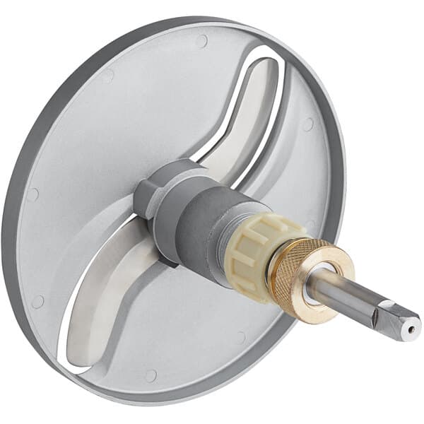 A silver circular metal disc with a metal handle and a screw on it.