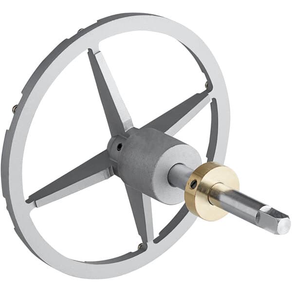 A metal wheel with a brass screw on it.