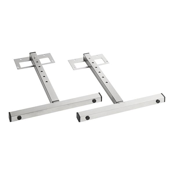 A pair of Avantco stainless steel T-legs with two holes in each.