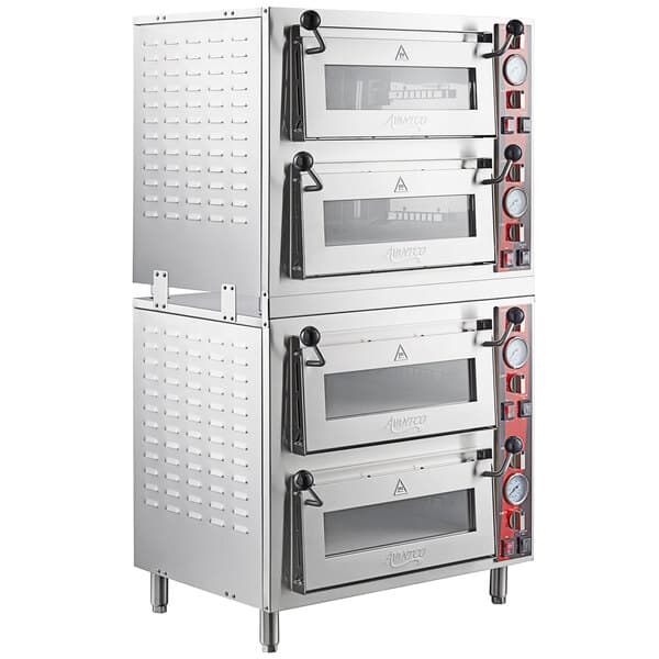 A stack of silver Avantco countertop pizza ovens.