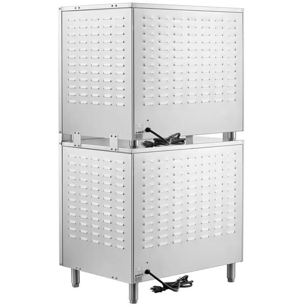 A white metal Avantco countertop pizza oven with four decks and black wires.