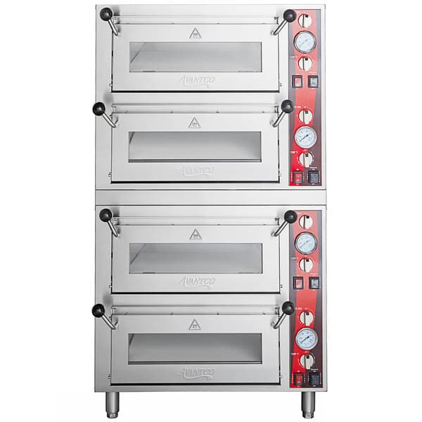 An Avantco countertop pizza oven with two doors and two racks.