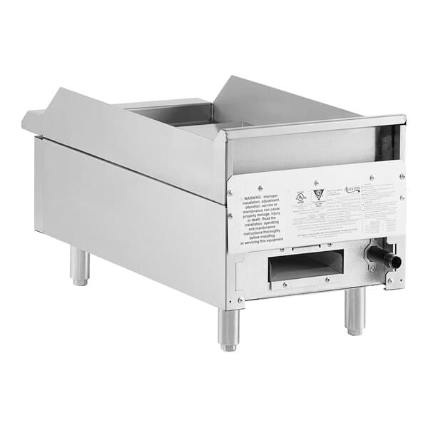 An Avantco stainless steel countertop gas griddle with thermostatic controls.