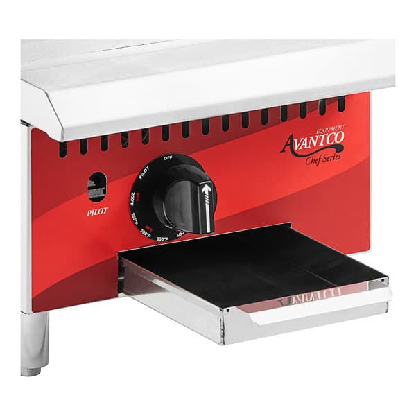 An Avantco red and white countertop gas griddle with a dial.