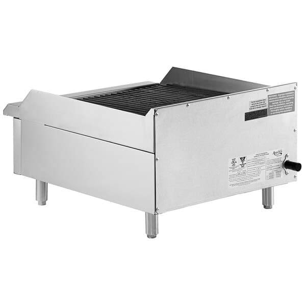 An Avantco stainless steel gas countertop charbroiler with a lid.