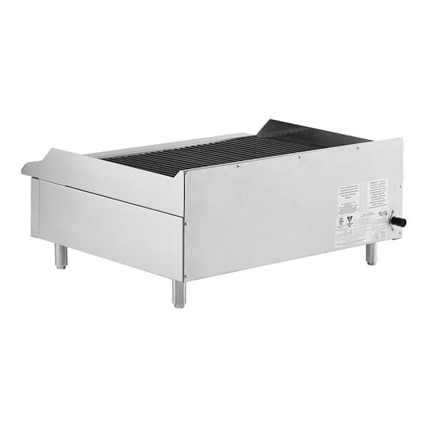 An Avantco gas countertop charbroiler with a lid.