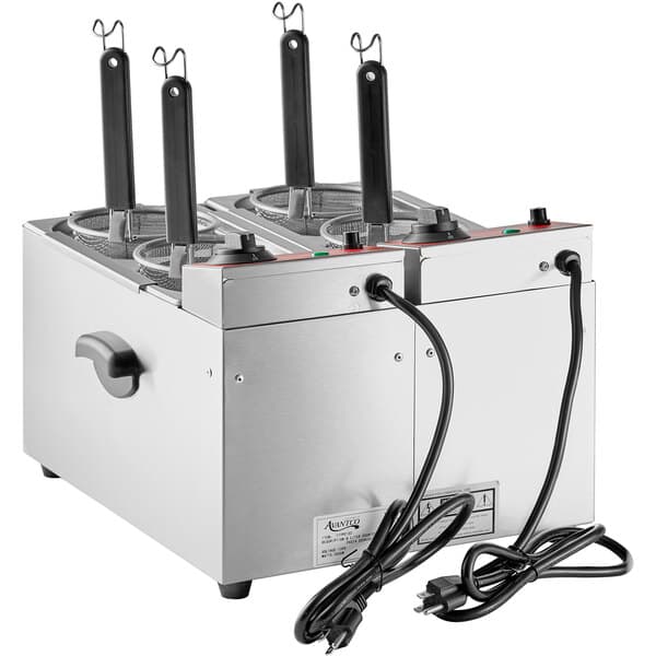 An Avantco countertop double pasta cooker with black handles and wires.