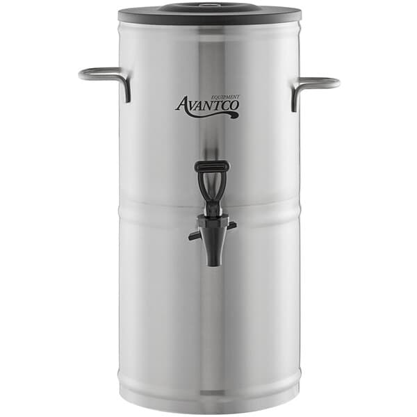 An Avantco stainless steel iced tea dispenser with a black lid and handle.