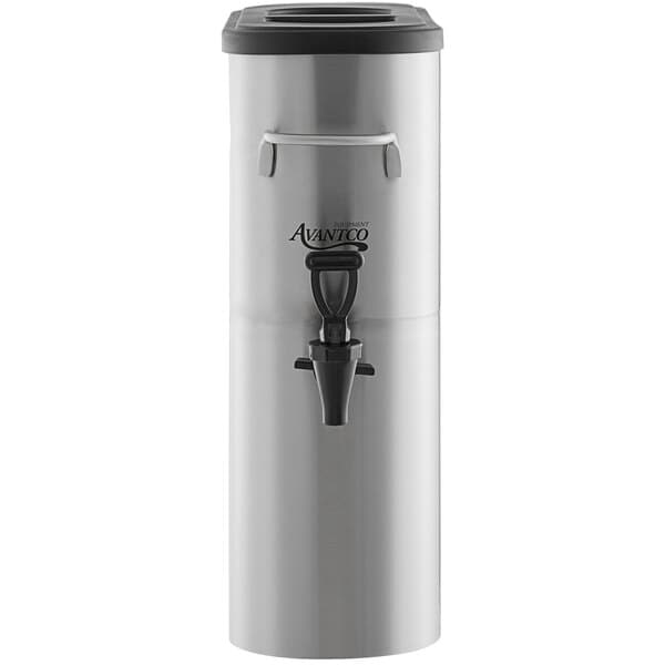 An Avantco silver and black iced tea dispenser on a counter.