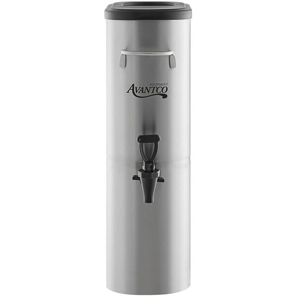 An Avantco stainless steel iced tea dispenser with a black lid.
