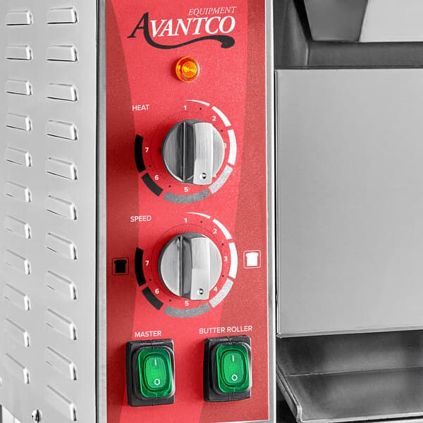 An Avantco vertical bun toaster with red and silver knobs.