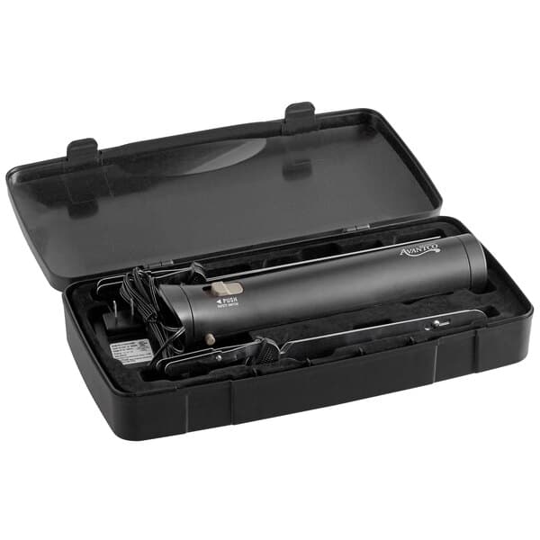 A black rectangular case with a black rectangular object and a plastic lid inside.