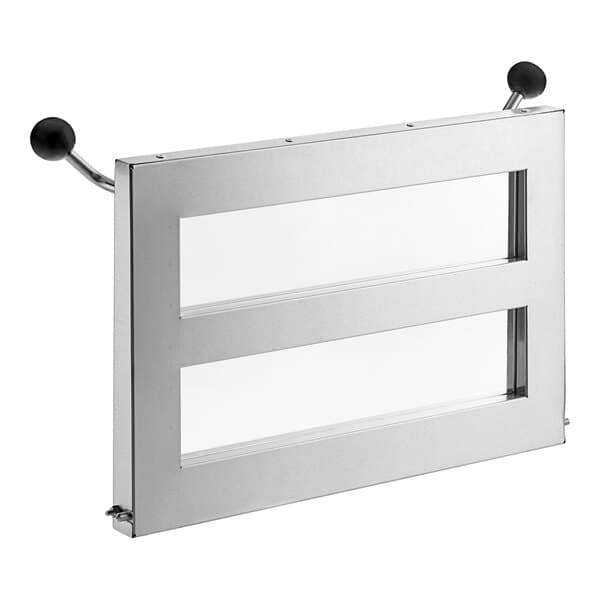 A stainless steel Avantco door assembly with black handles and glass panels.