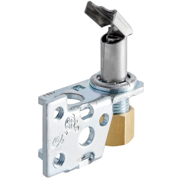 A metal pilot burner with a screw on the side.