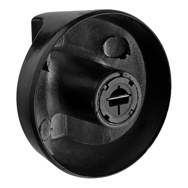 A black plastic knob with a circular hole and a keyhole.
