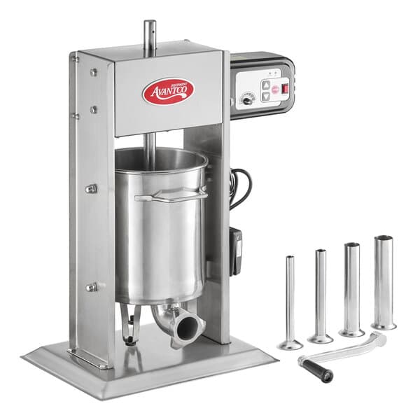An Avantco stainless steel sausage stuffer with stainless steel funnels.