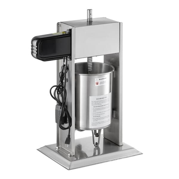 A stainless steel Avantco sausage stuffer with black attachments.