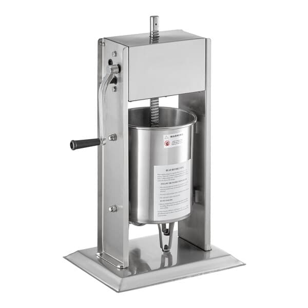 An Avantco stainless steel vertical manual sausage stuffer with stainless steel funnels and a handle.