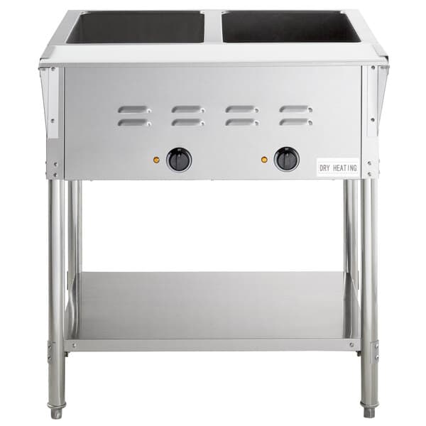 An Avantco stainless steel open well electric steam table with two pans on a counter.