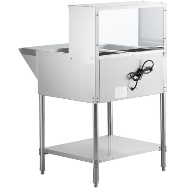 An Avantco electric steam table with a glass sneeze guard.