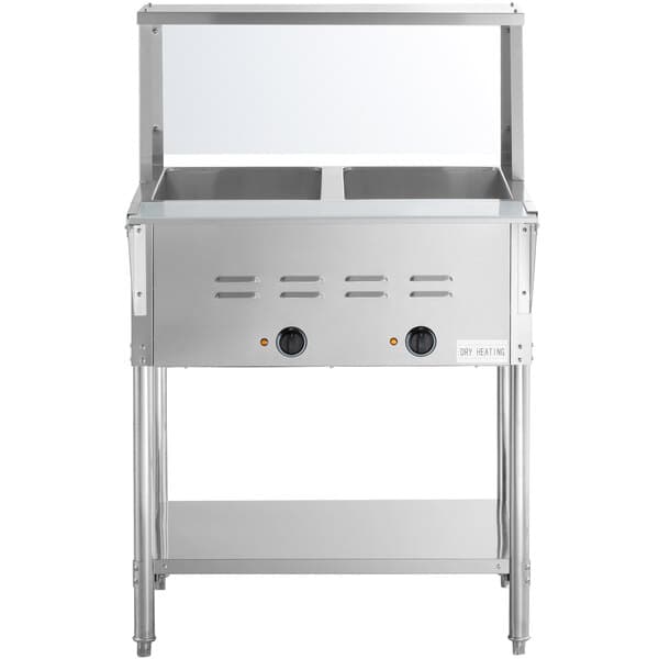 An Avantco stainless steel food warmer with sneeze guard and undershelf.
