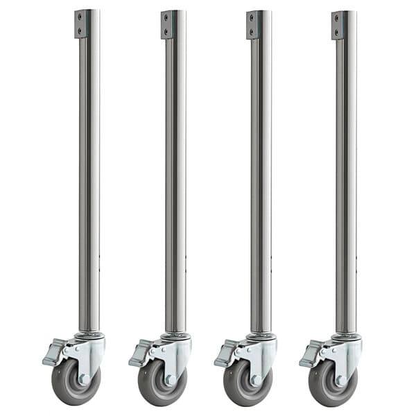 A row of four Avantco metal casters with wheels.