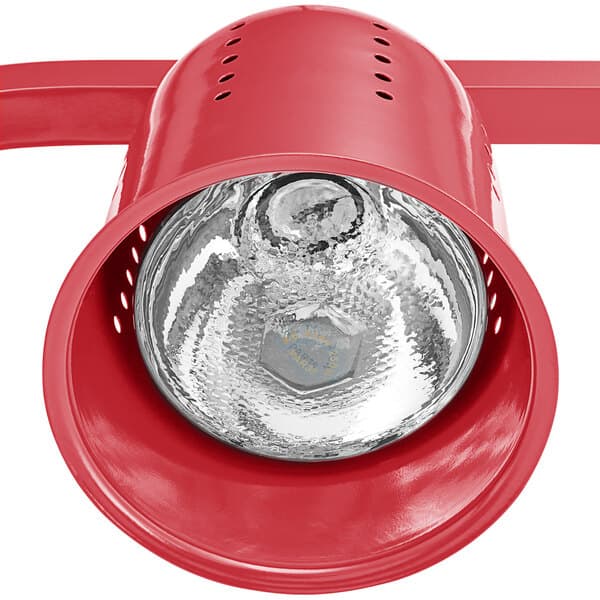 An Avantco red free standing heat lamp with a red bulb.