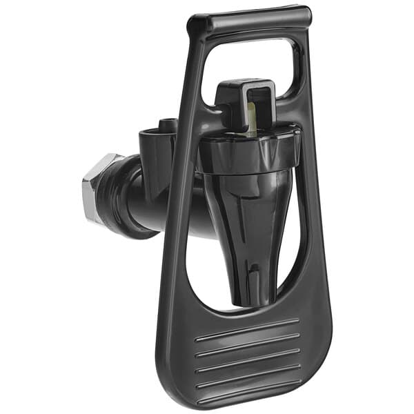 A black plastic spigot with a handle on it.