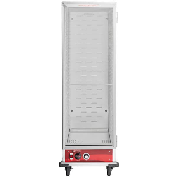 An Avantco Full Size Insulated Heated Holding Cabinet with clear door on wheels.
