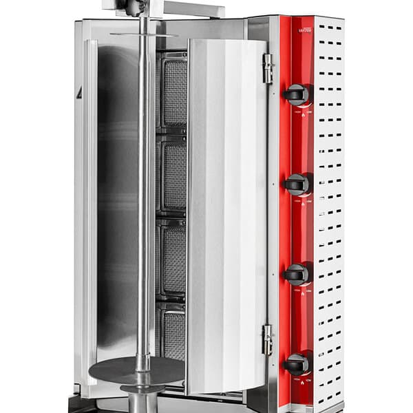 An Avantco stainless steel gas gyro broiler with a red door.