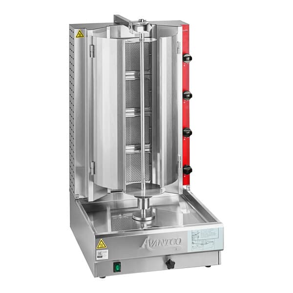 An Avantco gas gyro machine with a red handle.