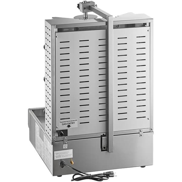 An Avantco gas vertical broiler with a metal box with holes on top.
