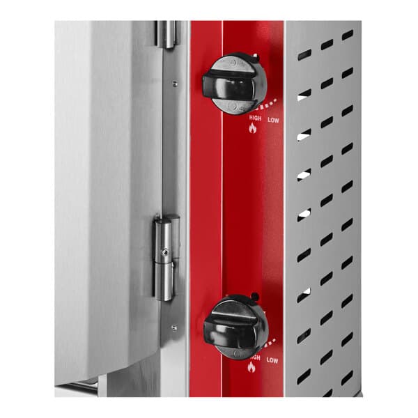 A red and white Avantco gas vertical broiler door with knobs and a handle.