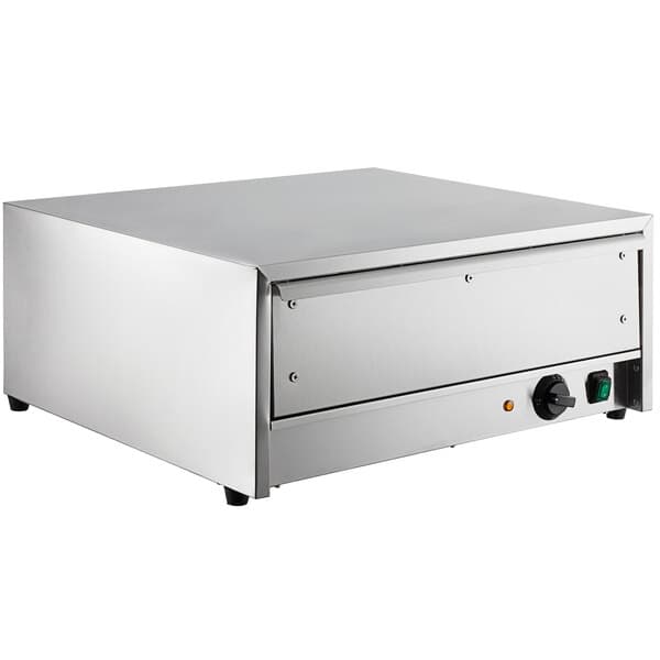 The silver rectangular stainless steel drawer with a knob.