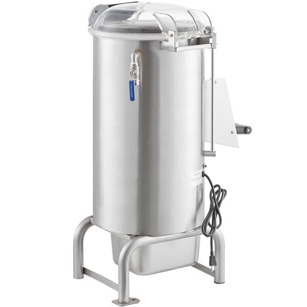 An Avantco stainless steel floor potato peeler with a clear lid.