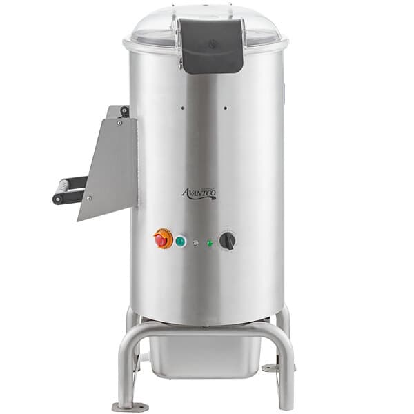 An Avantco stainless steel floor potato peeler with a clear lid.