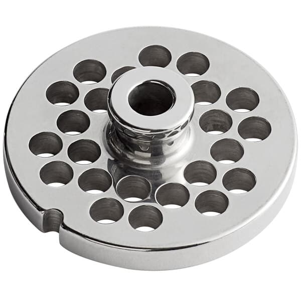 An Avantco stainless steel grinder plate with holes in it.