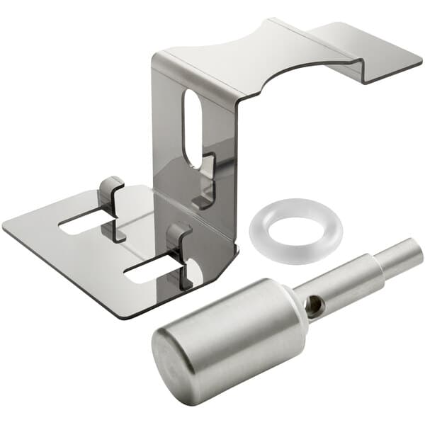 A metal bracket with a metal push lever attached to a metal pipe.