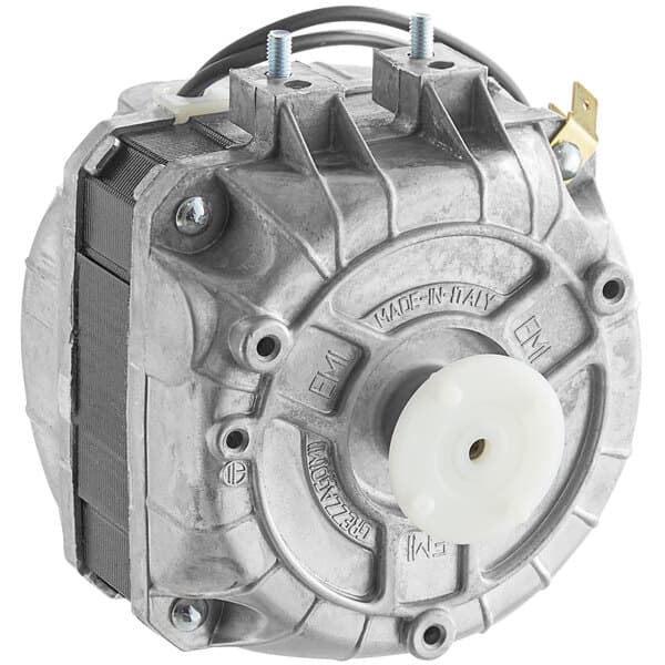 A metal fan motor with a white plastic disc with holes and wires.