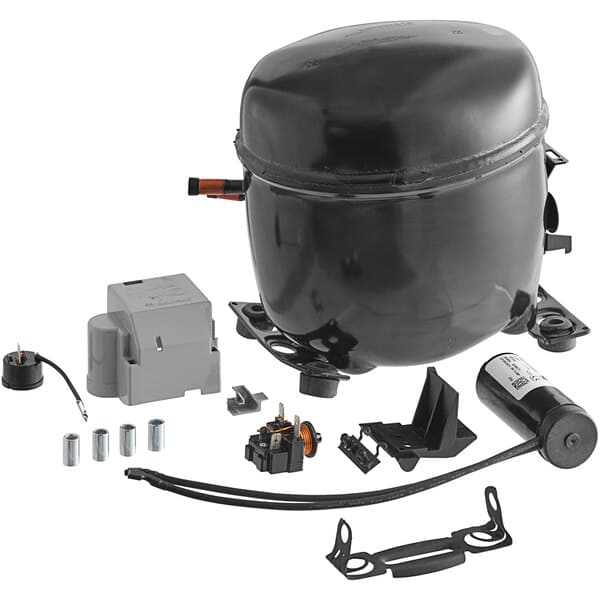 An Avantco 110V compressor with wires, screws, and a hose in a black plastic container.
