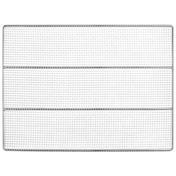 A close-up of a wire mesh grid on a white background.