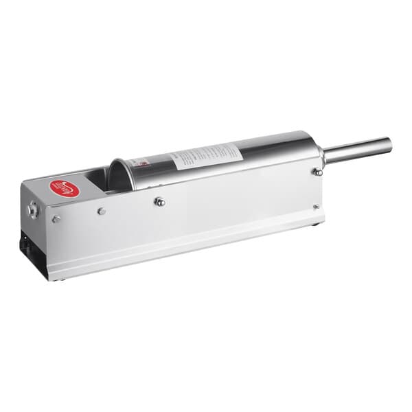 A silver Avantco stainless steel horizontal sausage stuffer with a tube.