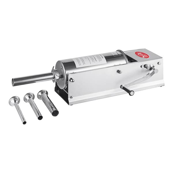 An Avantco stainless steel sausage stuffer with several stainless steel funnels.