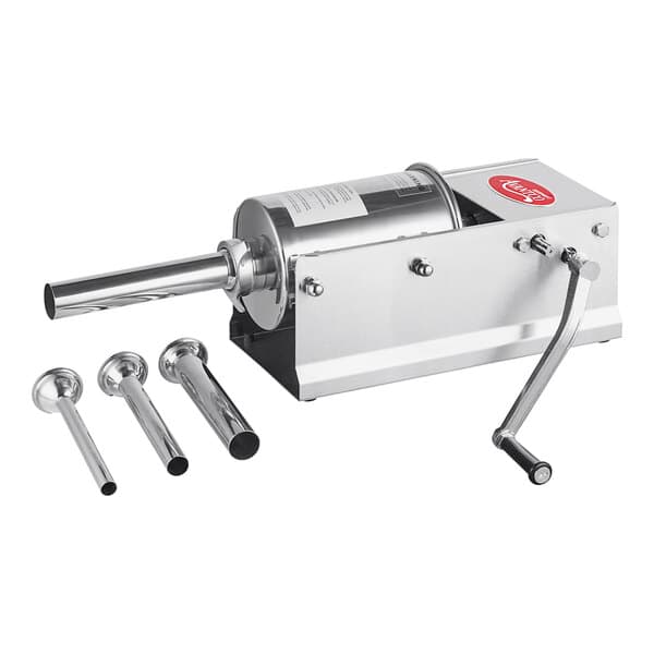 A silver Avantco stainless steel sausage stuffer with metal tubes.